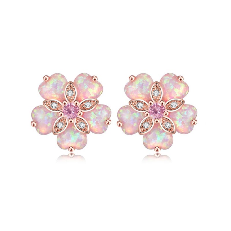 CiNily 14K Rose Gold Plated Flower Stud Earrings Womens Pink Opal Earrings Hypoallergenic Big Gemstone Stud Earrings 15 mm - Image 1